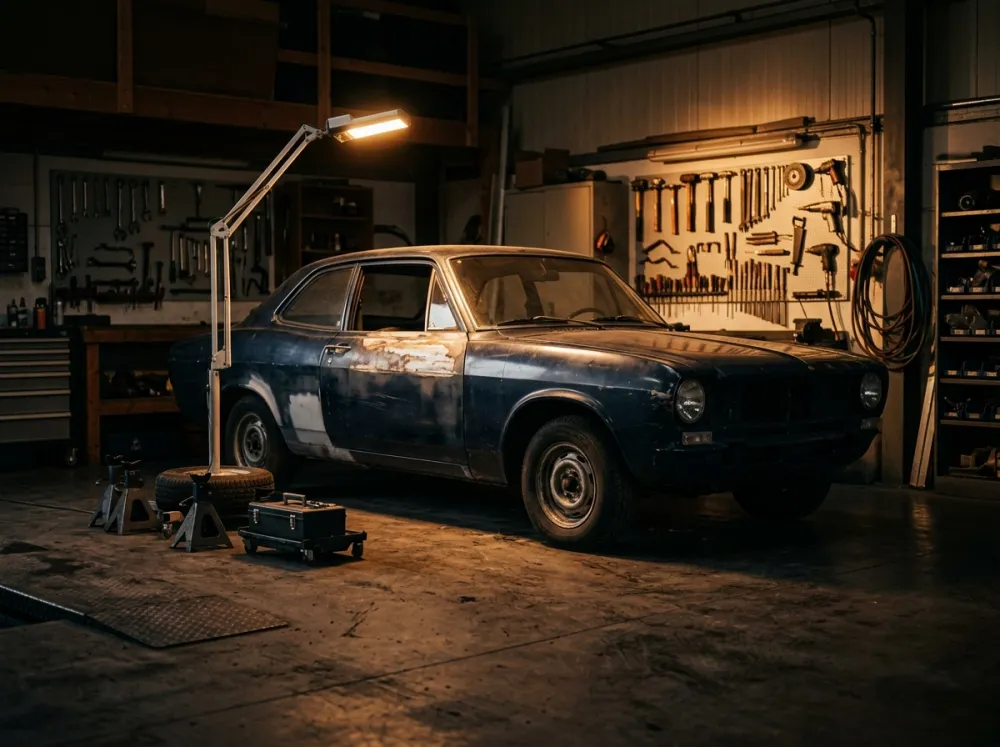 Voiture en cours de restauration dans un atelier de carrosserie, éclairée par une lampe d’établi.