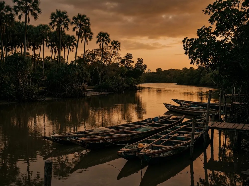 Pirogues amarrées le long d’un bras de fleuve casamançais, au coucher du soleil.