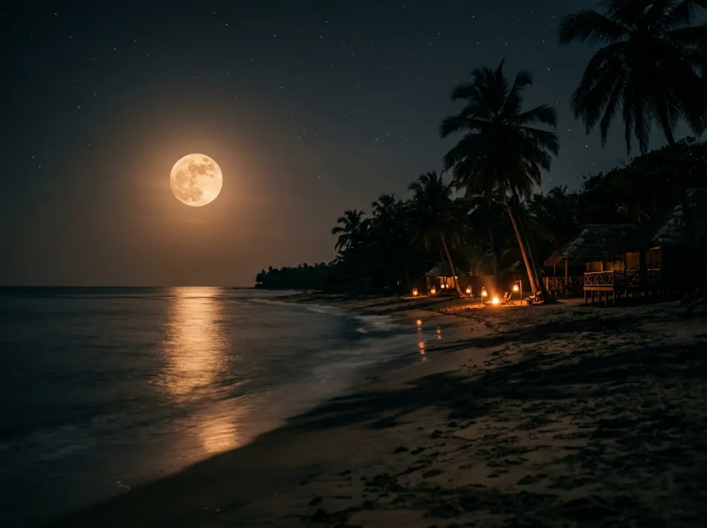 Pleine lune au-dessus d’une plage bordée de palmiers, la nuit, avec quelques lumières au bord de l’eau.