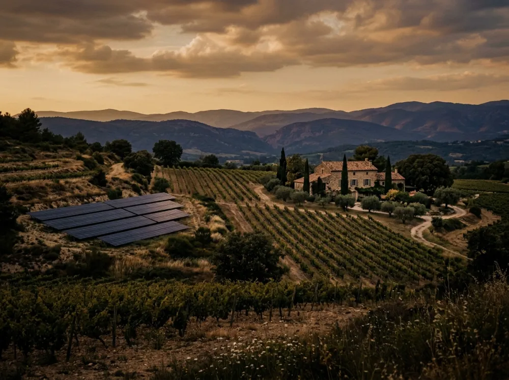 Panneaux solaires installés au bord d’un vignoble provençal, au coucher du soleil.